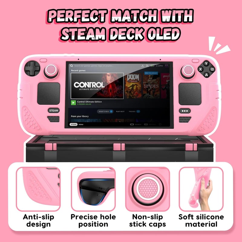 IINE Protective Case for Steam Desk OLED, Steamdesk OLED Silicone Cover Case, 9-in-1 Protective Silicone Shell with Anti-Scratch Cover Protector, Steam Deck OLED Accessories Set,Pink - Image 4
